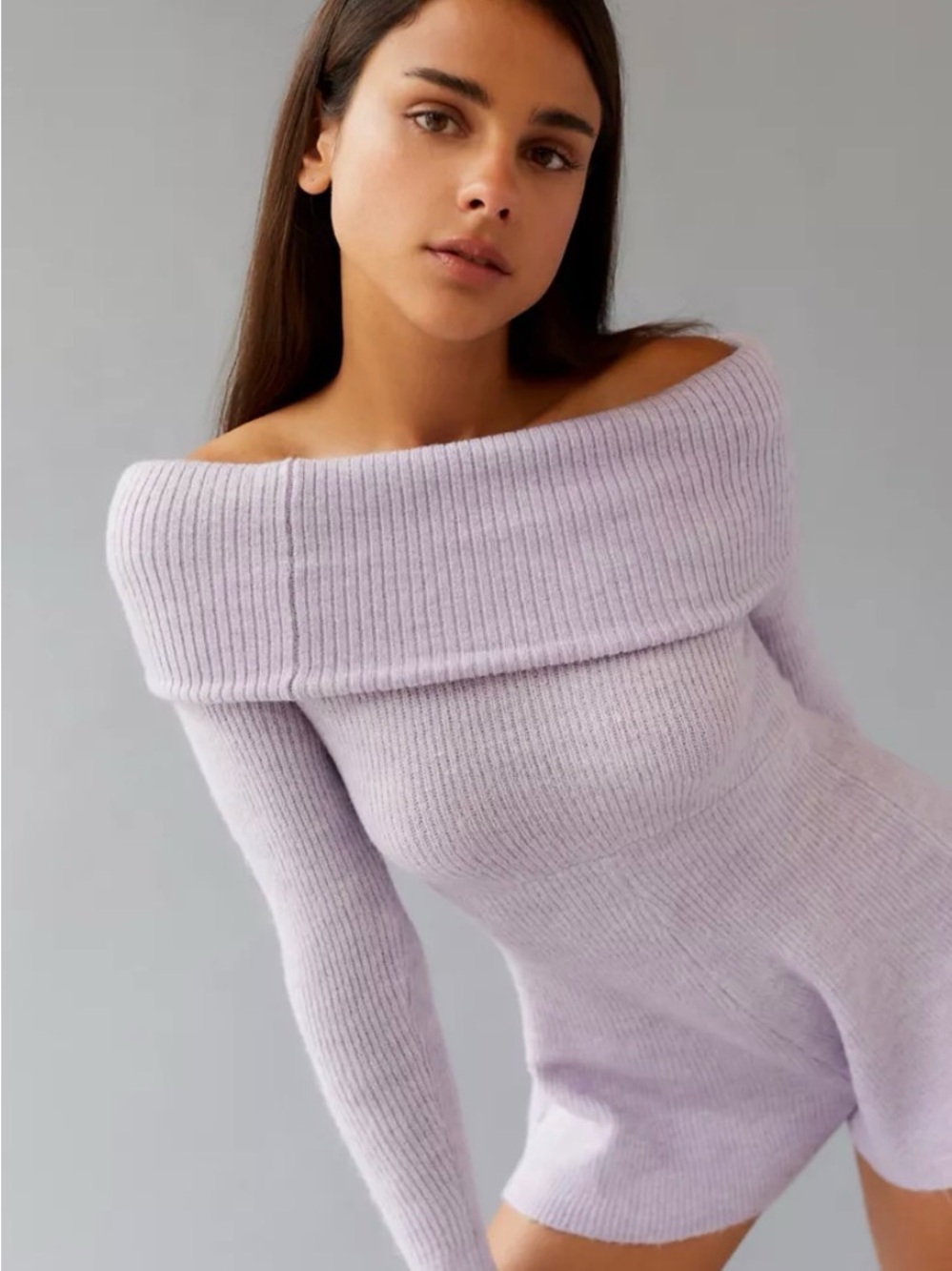 Urban Outfitters Lilac Off-the-Shoulder Ribbed Sweater Romper